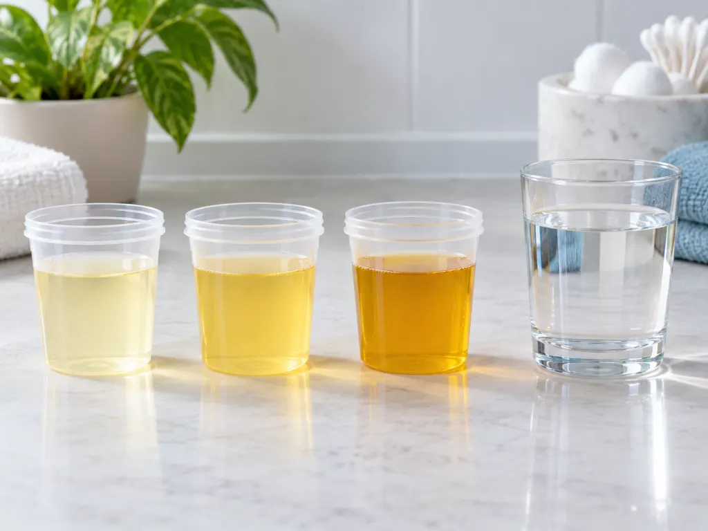 Three sample cups ranging from pale yellow to amber beside a glass of water