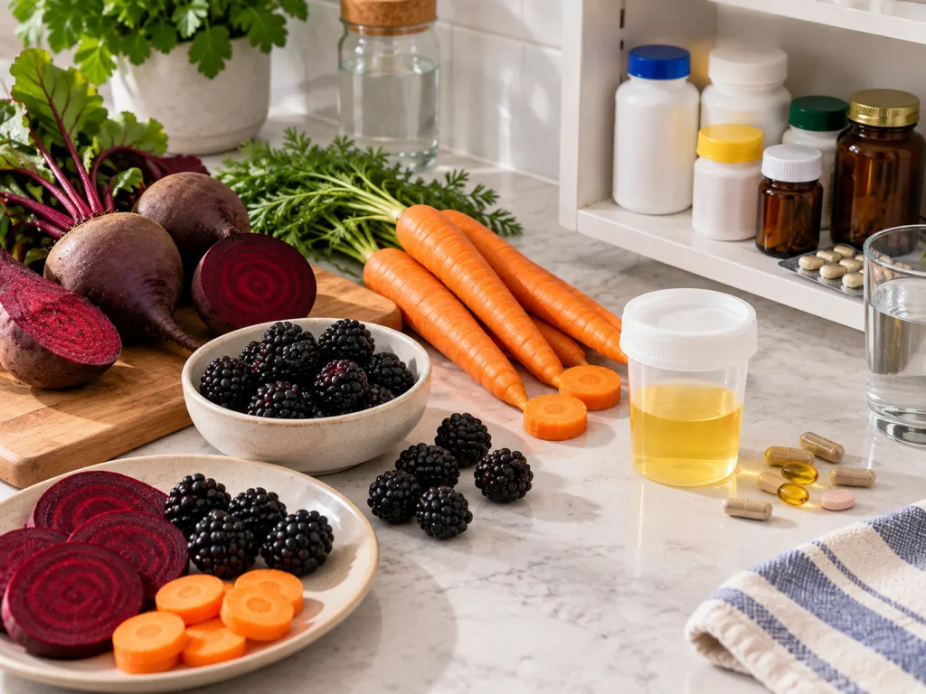 Foods and unlabeled vitamin bottles arranged near a neutral sample cup