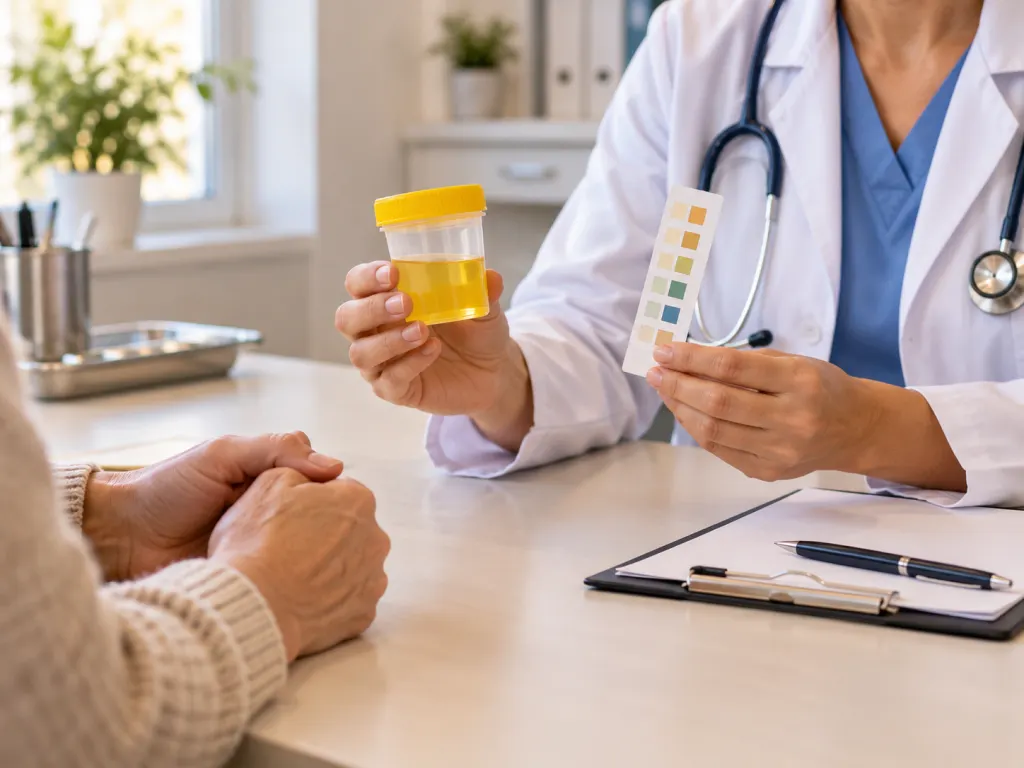 A clinician reviews a sealed urine sample cup in a calm office setting