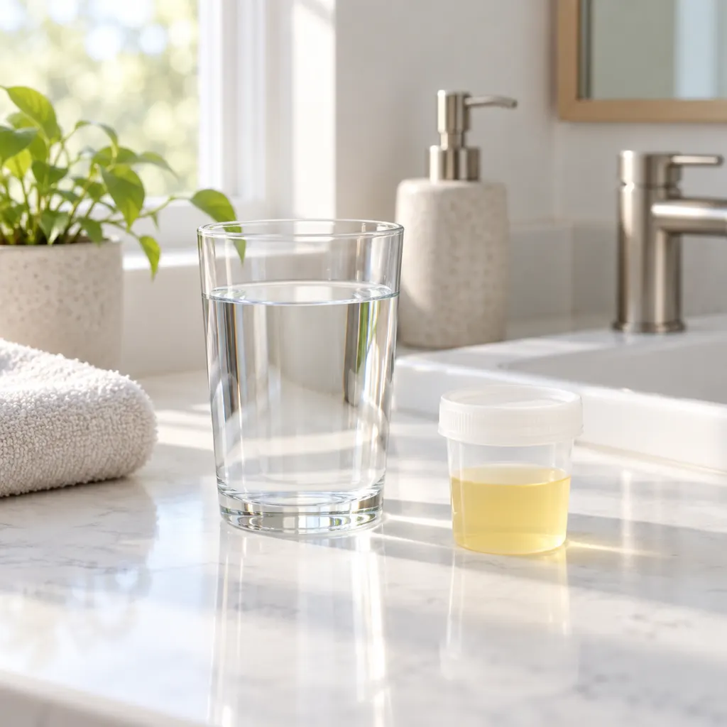 A clean bathroom counter with water and a pale yellow sample cup in soft morning light