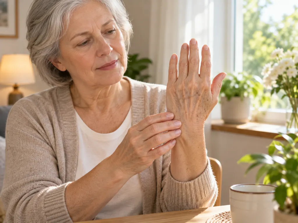 Older adult looking at visible veins on the back of the hand in natural light.