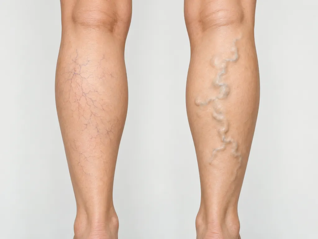 Illustration comparing small spider veins with larger raised varicose veins on lower legs.