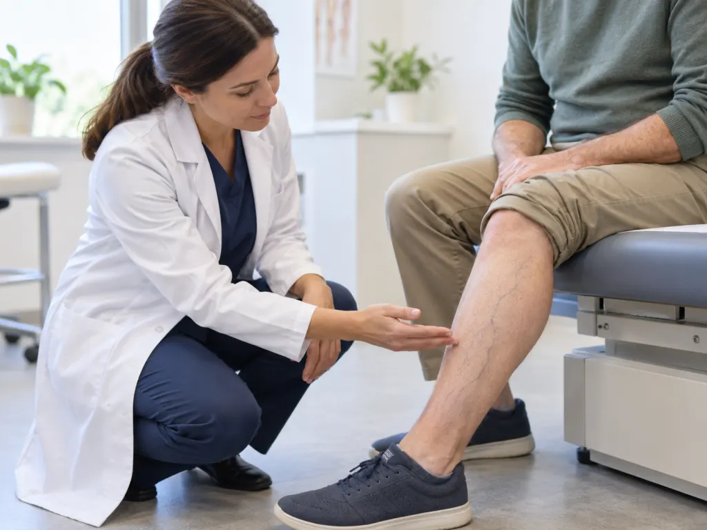 Healthcare professional examining a patient's lower leg for visible vein changes in a clinic.