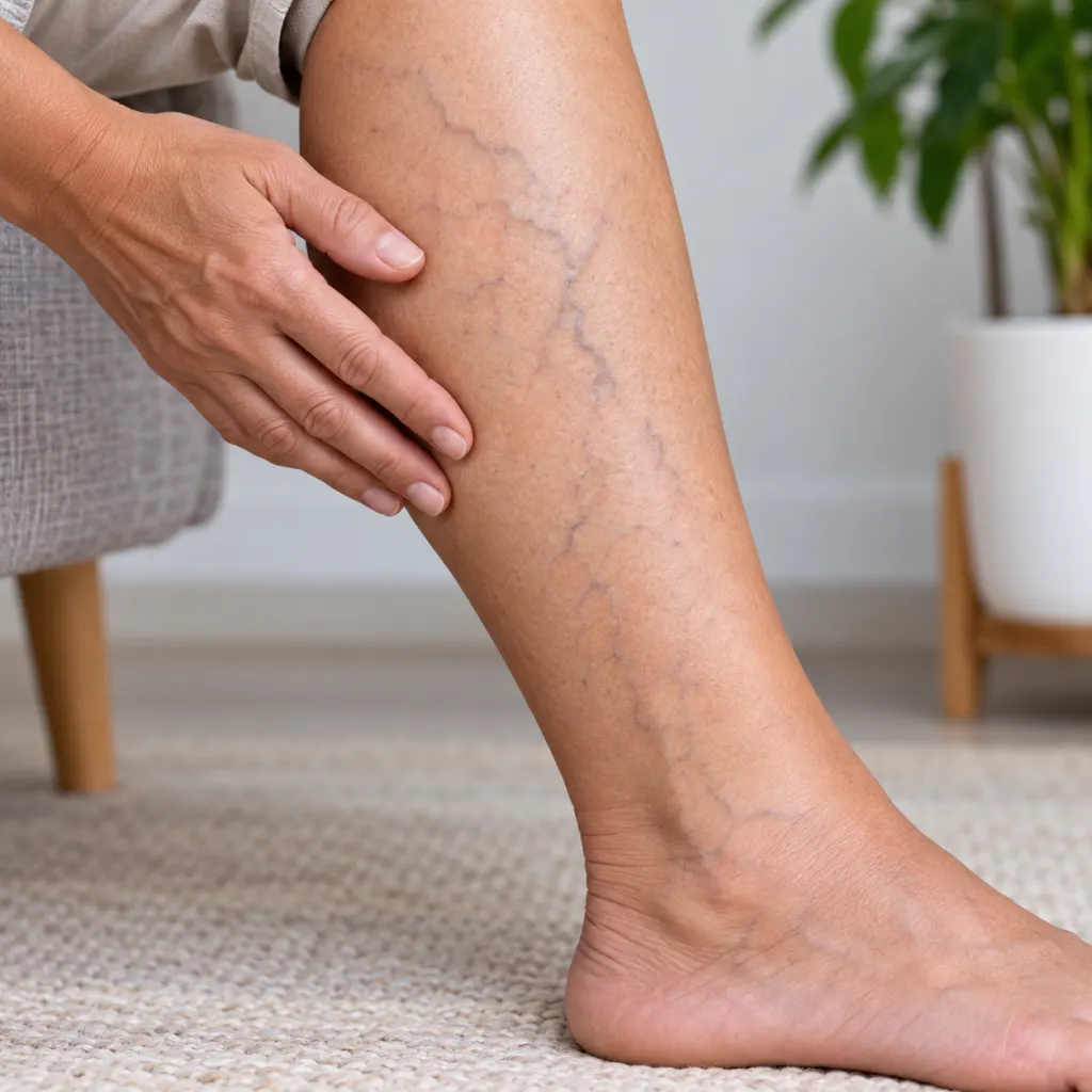 Calm illustration of visible superficial veins on intact skin of a leg and hand.