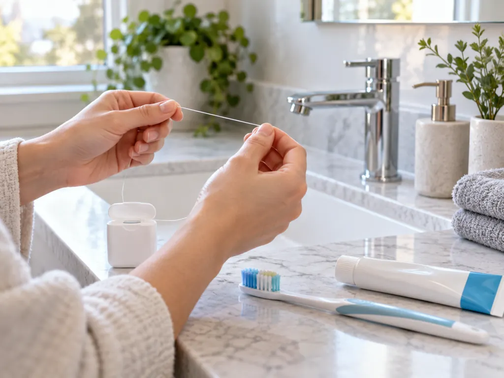 Hands holding dental floss beside a toothbrush and toothpaste at a sink.