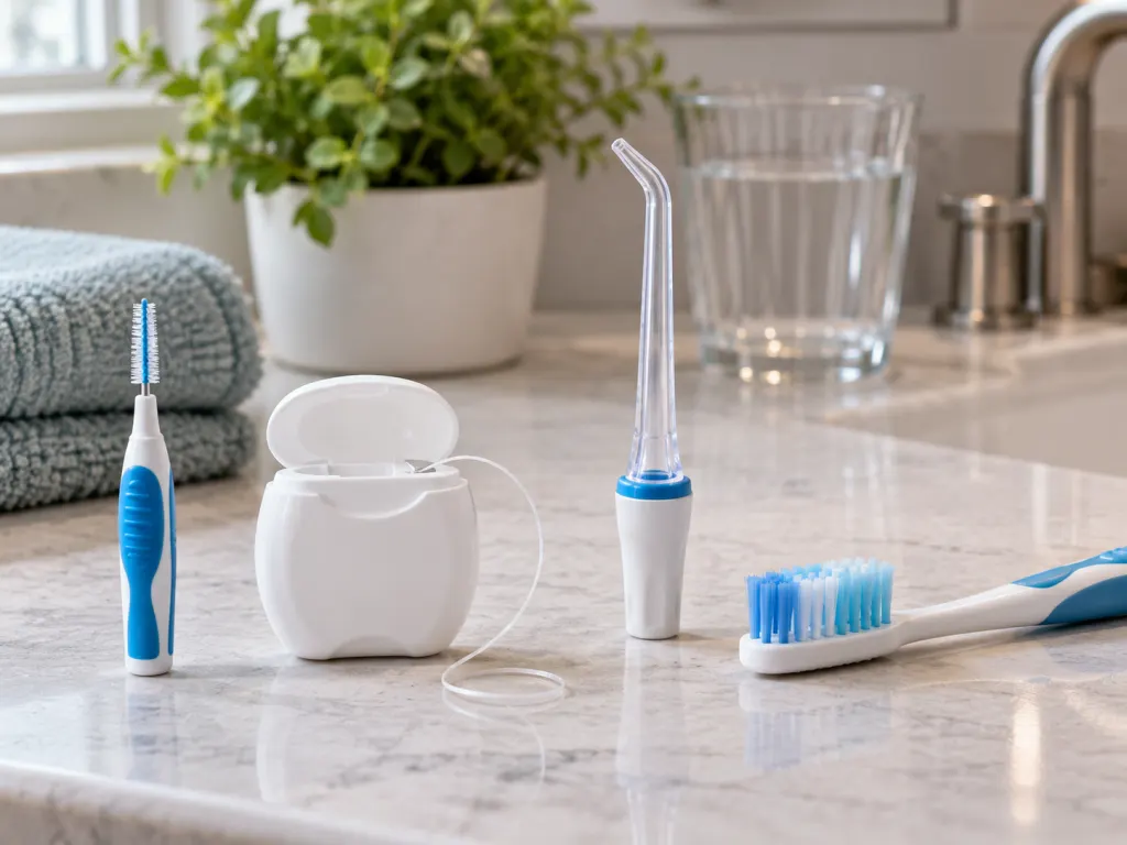 Interdental brush, floss, water flosser tip, and toothbrush displayed on a counter.