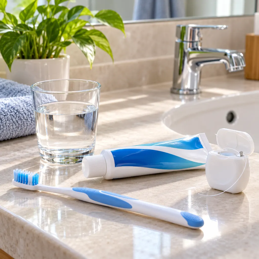 Toothbrush, toothpaste, floss, and water arranged on a clean bathroom counter.