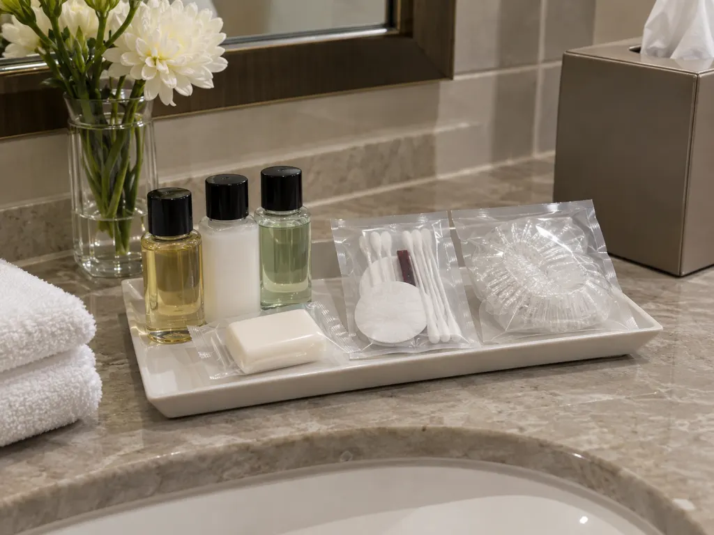 Single-use hotel toiletries and vanity items on a bathroom counter