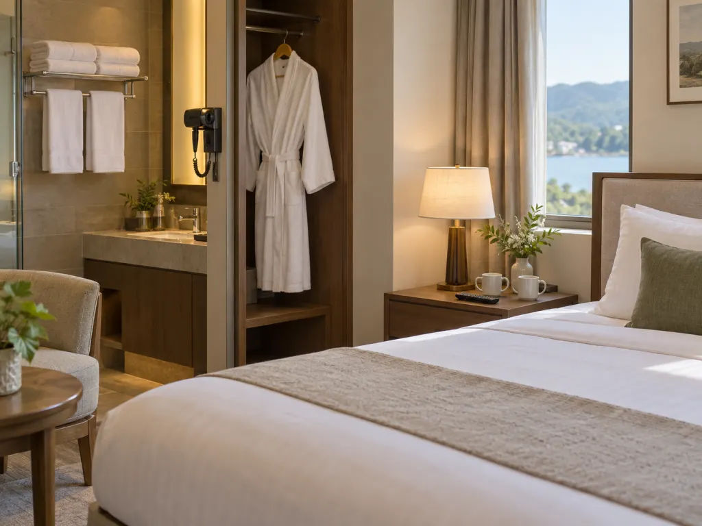 Reusable hotel room items such as towels, robe, mugs, and remote left in place