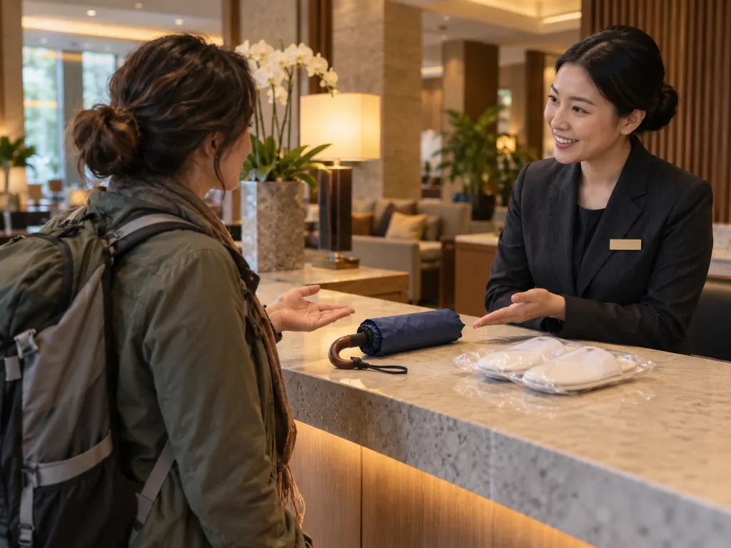 Traveler asking hotel staff whether gray-area items are complimentary