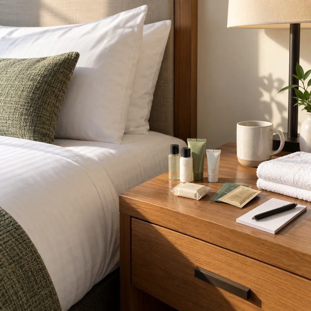 Hotel amenities arranged beside room items that should stay behind