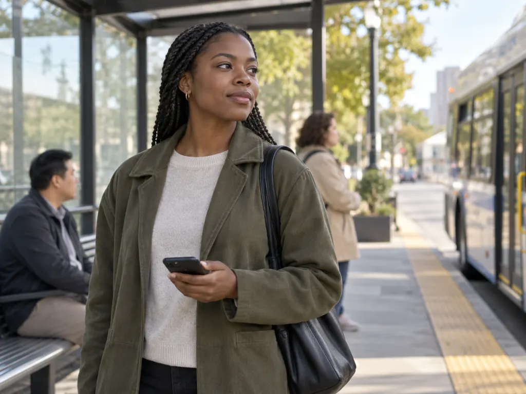 A person loosely holding a smartphone at a transit stop with the screen turned away.