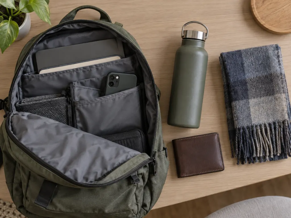 A smartphone tucked into an organized backpack with everyday items around it.
