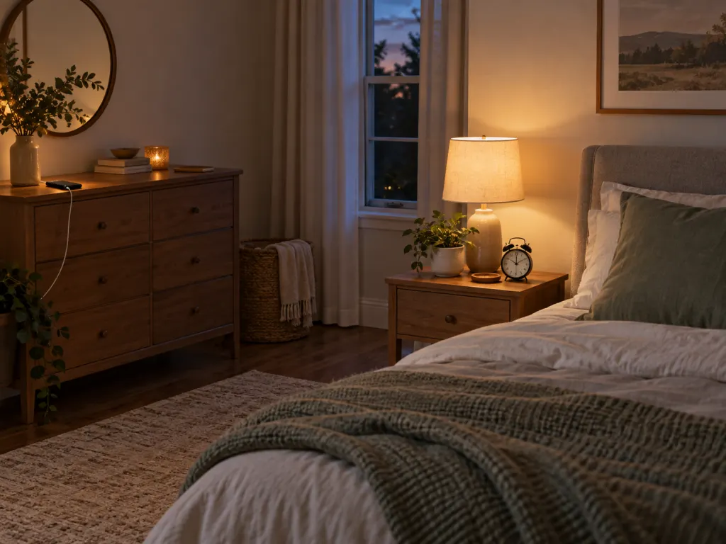 A smartphone charging on a dresser away from a bed with an alarm clock on the nightstand.