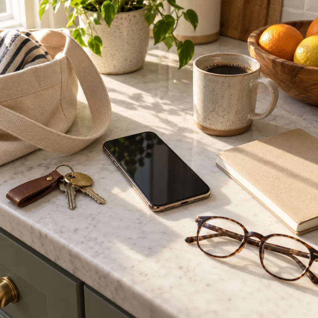 A smartphone resting with keys, a notebook, glasses, and a tote strap on a kitchen counter.