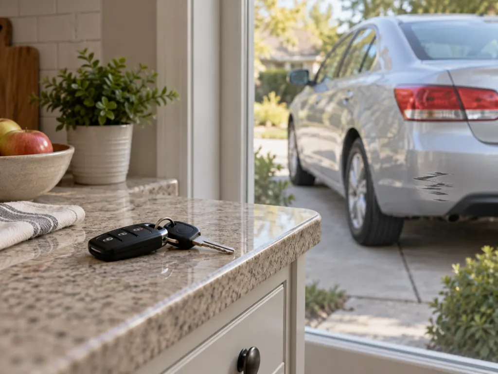 A parked car with a small bumper scrape and car keys resting on a kitchen counter.