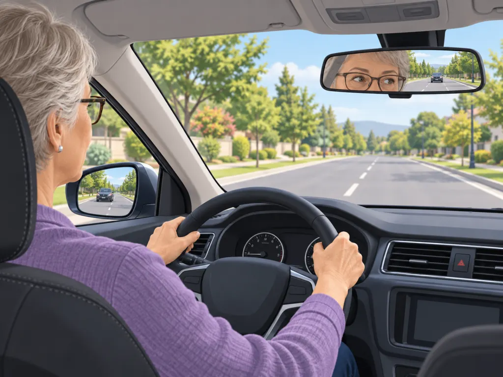 An illustration of an older driver checking mirrors on a quiet daytime street.