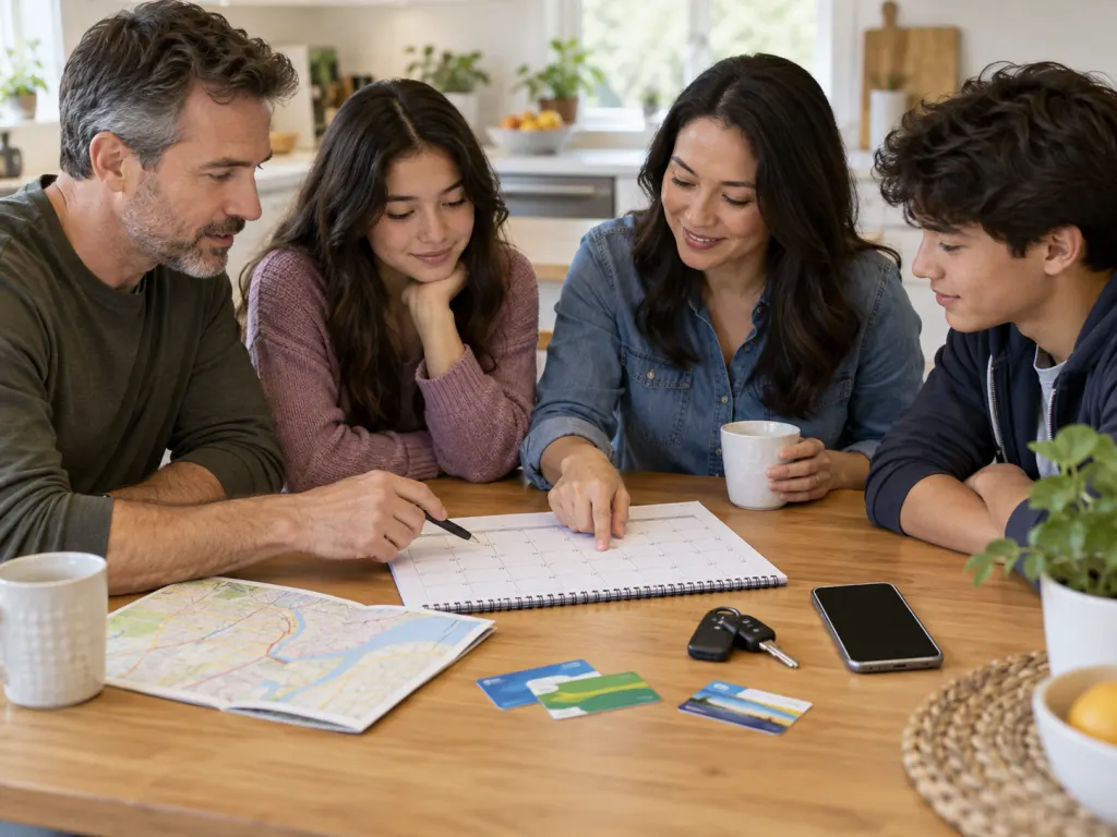 A family planning transportation options at a kitchen table with keys, a phone, and a calendar.