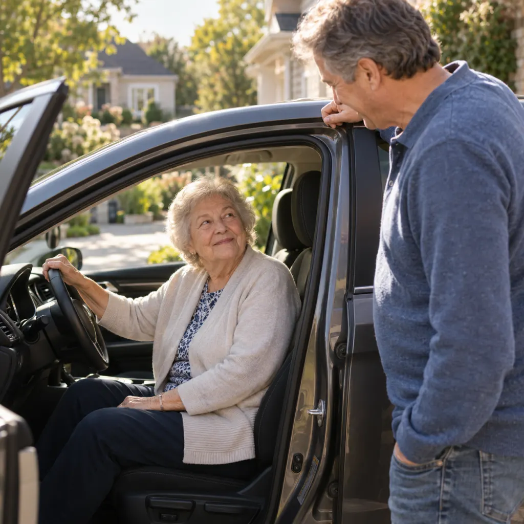 An older adult in a parked car speaking calmly with a family member in a driveway.