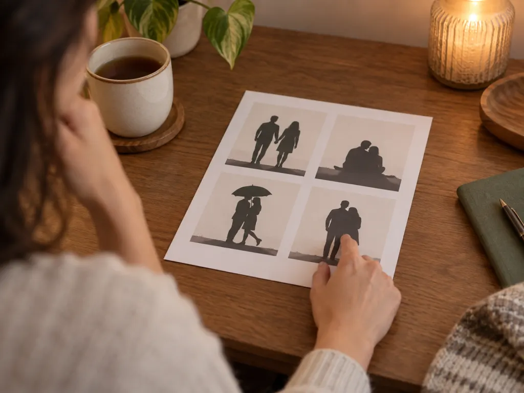 A hand selecting one of four illustrated couple options on a desk.