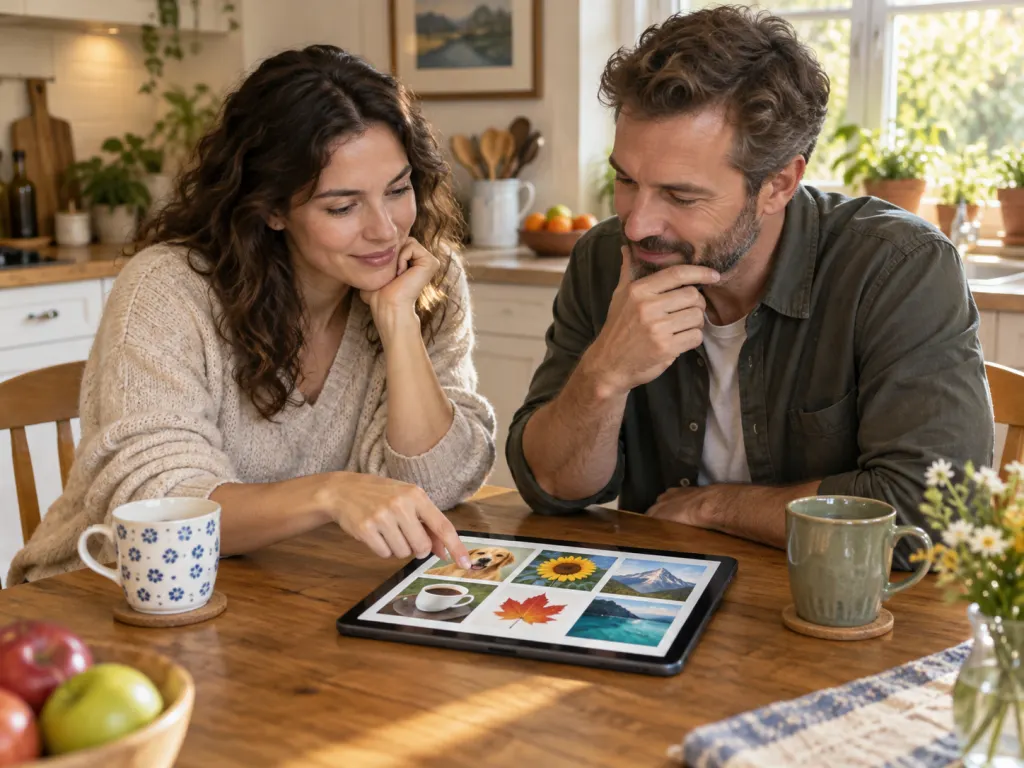 Two adults calmly discussing a picture quiz at a kitchen table.