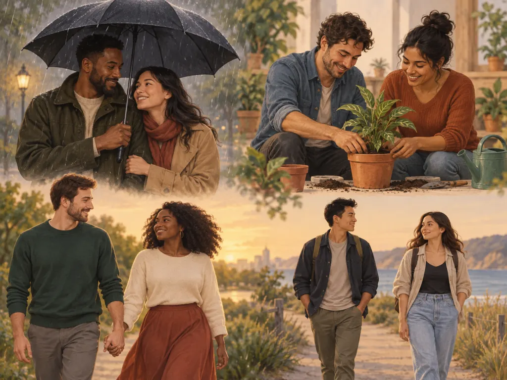 Four symbolic relationship scenes showing support, growth, affection, and independence.