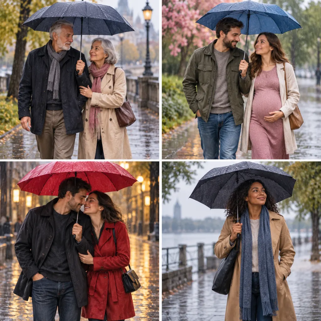 Four illustrated couples under umbrellas, each showing a different relationship mood.