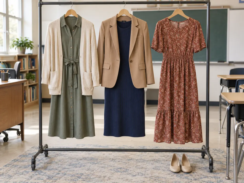 Three practical teacher dress outfits displayed on hangers in a classroom setting.