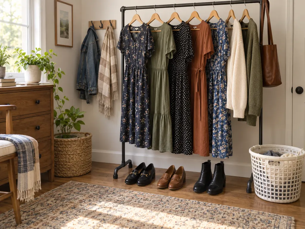 A neat teacher wardrobe planning setup with dresses, layers, shoes, and a laundry basket.