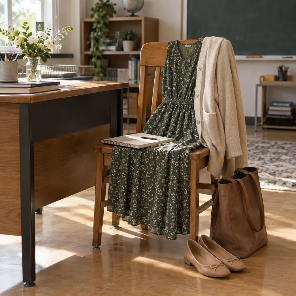 A modest teacher outfit with a dress, cardigan, flats, notebook, and tote arranged in a classroom.