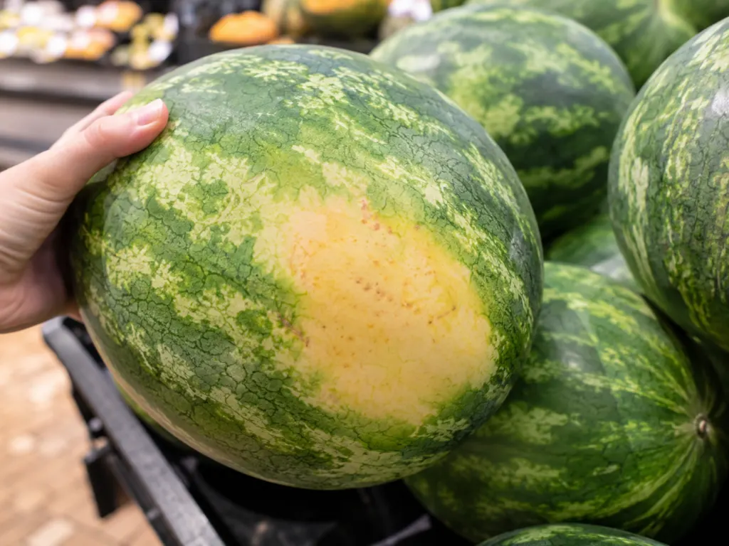 A watermelon turned over to show a creamy yellow field spot.