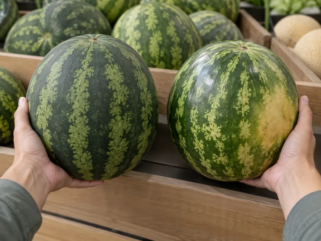 Two similar-size watermelons being compared by hand at a produce display.