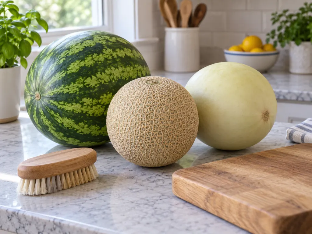 Whole watermelon, cantaloupe, and honeydew on a clean kitchen counter.