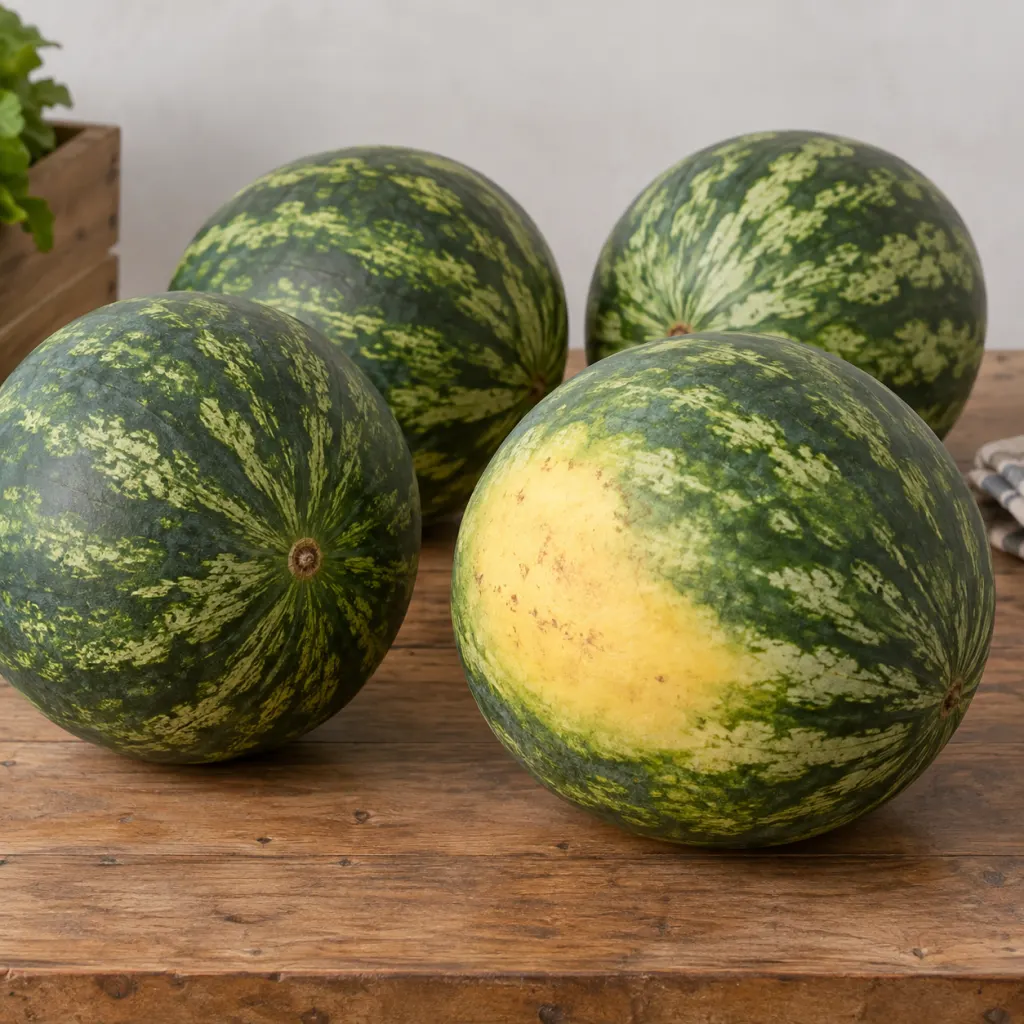 Four whole watermelons on a table, with one showing a creamy yellow field spot.