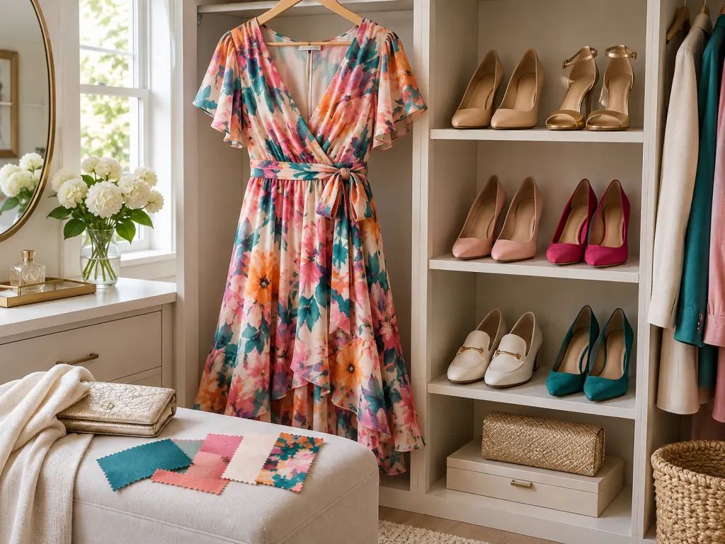 A colorful dress with neutral, metallic, and accent shoe options arranged nearby.