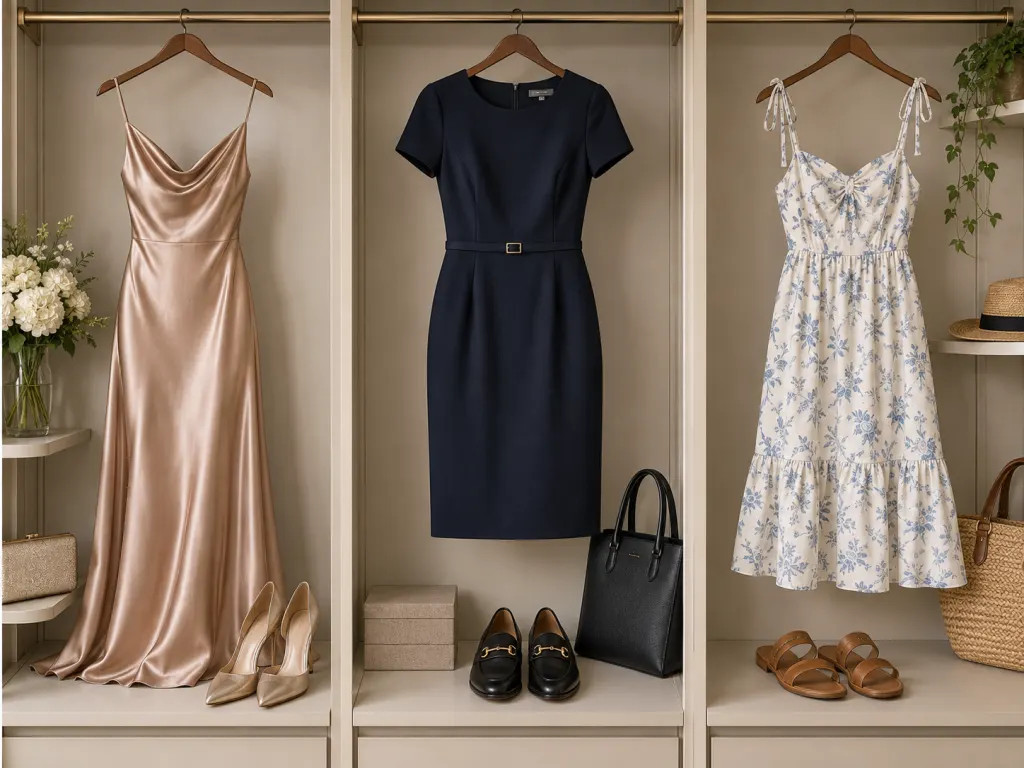 Formal, work, and casual dresses displayed with matching shoe styles.