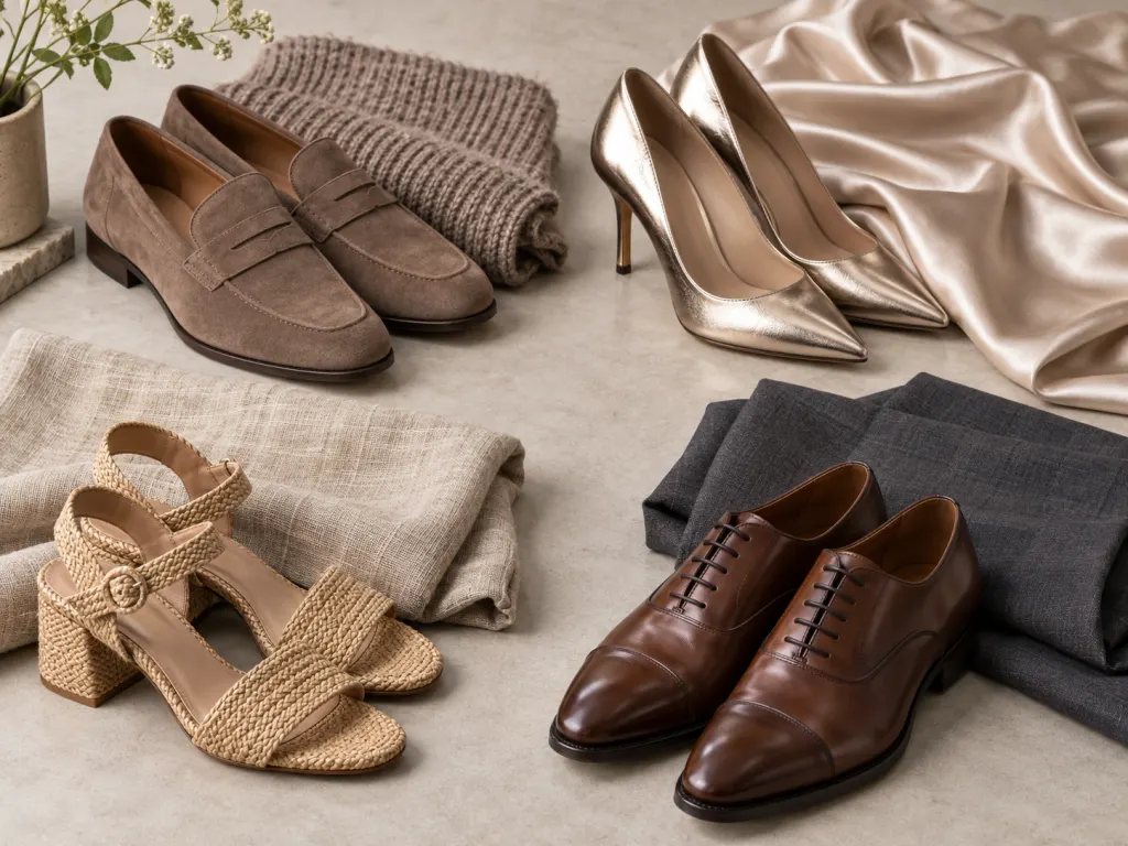 Different shoe materials paired with dress fabrics to show texture matching.