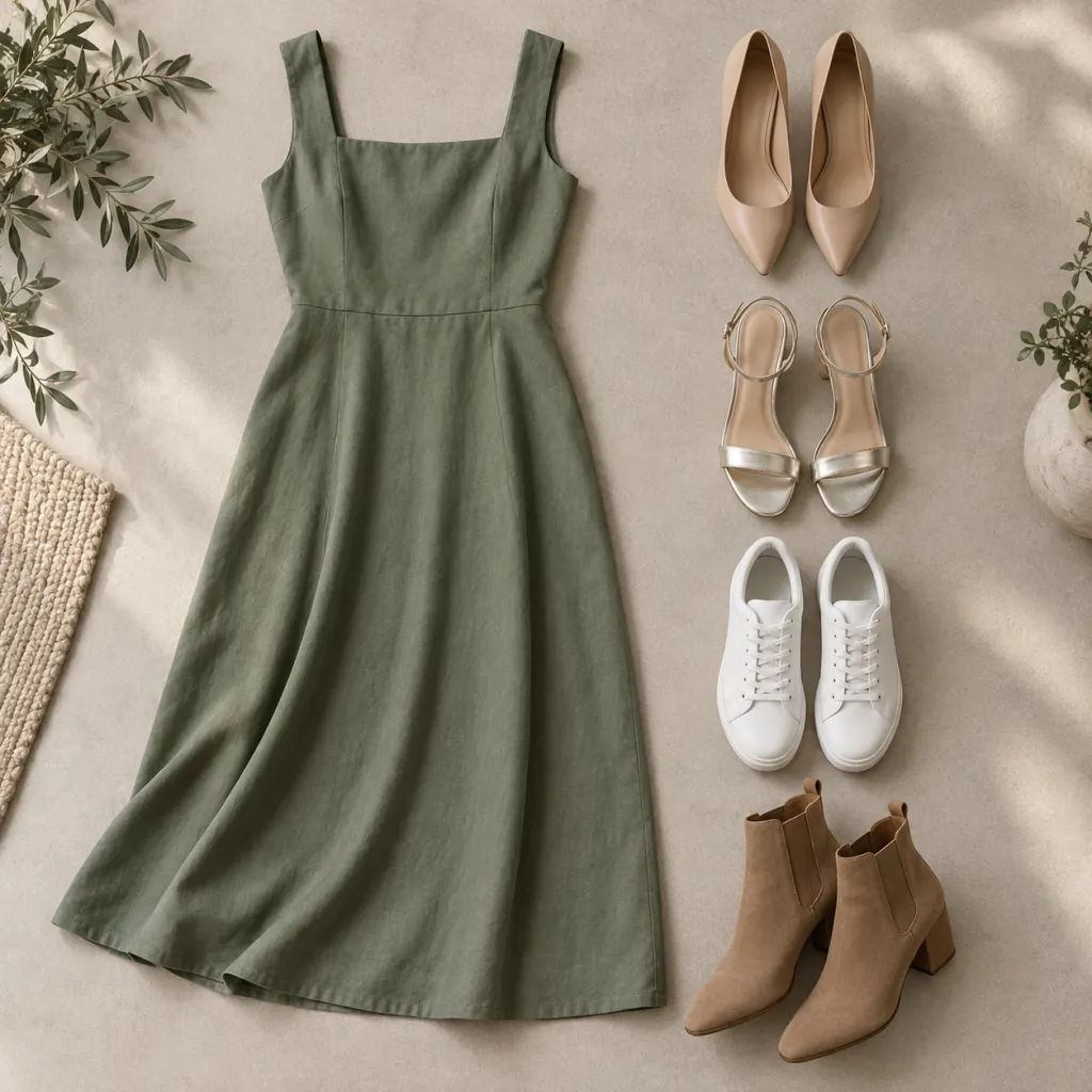 A dress arranged with nude pumps, metallic sandals, white sneakers, and tan ankle boots.