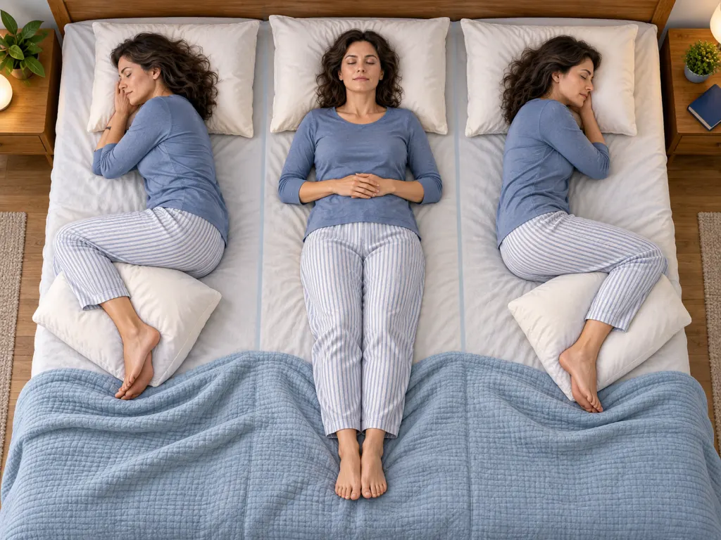 An educational illustration comparing left-side, back, and right-side sleep positions.