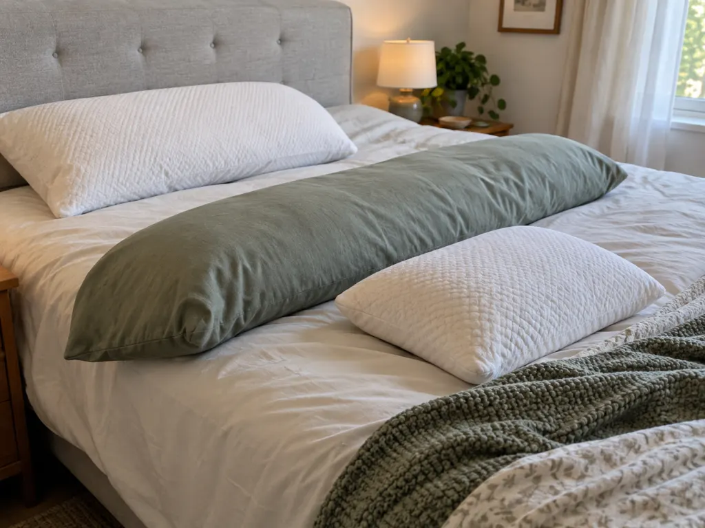 A side-sleep pillow setup with support for the head, knees, and upper body.