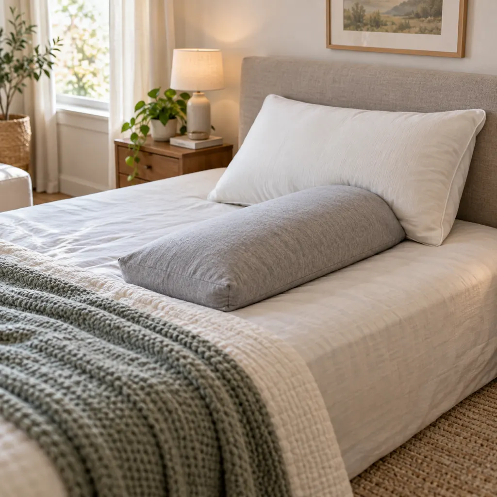 A calm bedroom with pillows arranged to support side sleeping.