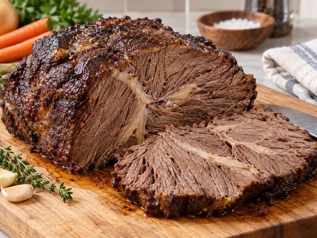 Cooked chuck roast opened to show pale seams along the meat grain.