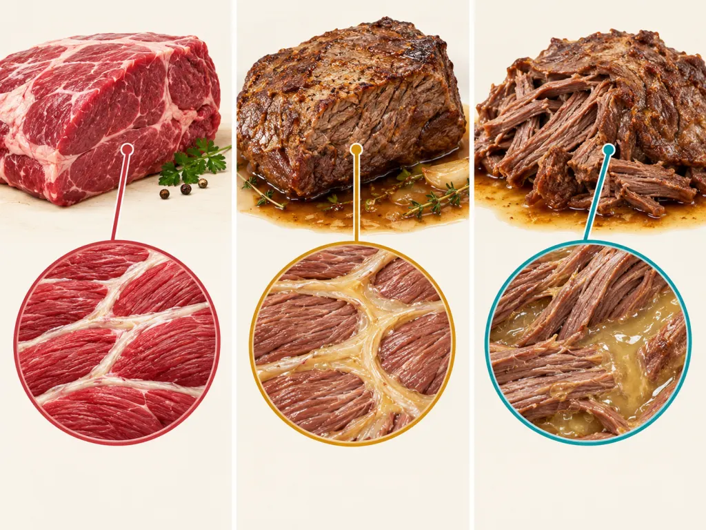Illustration of cooked beef muscle bundles and connective tissue.