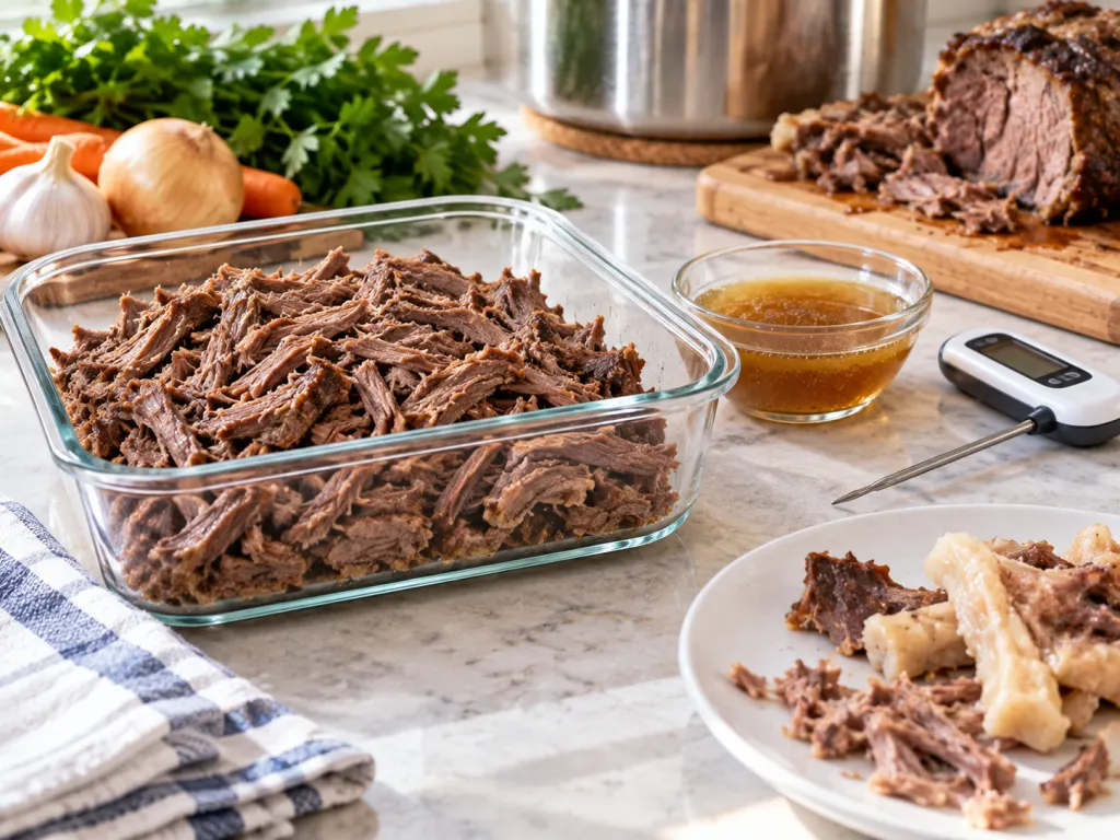 Shredded cooked beef in a shallow container with a food thermometer nearby.