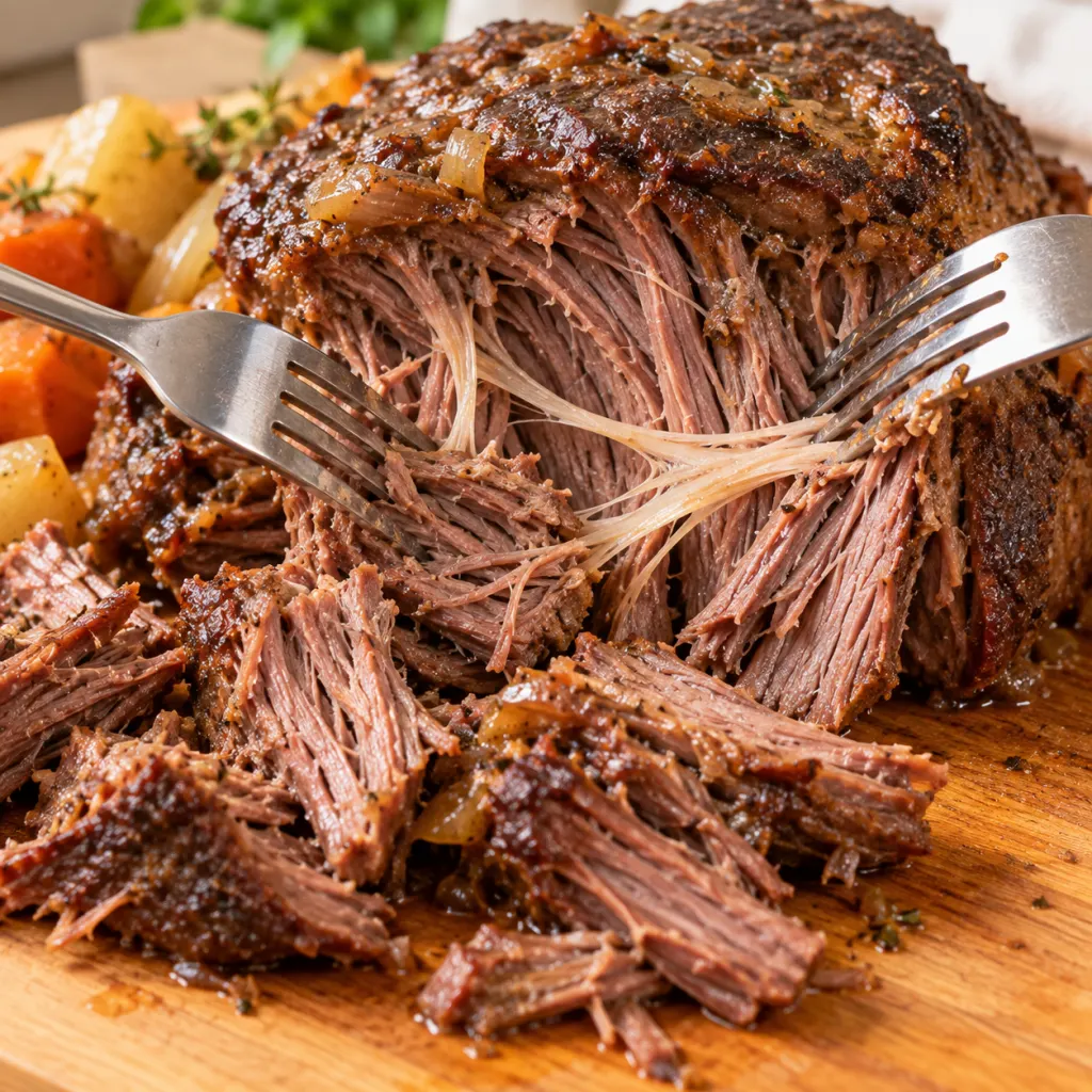 Cooked beef roast pulled apart with visible pale connective strands.