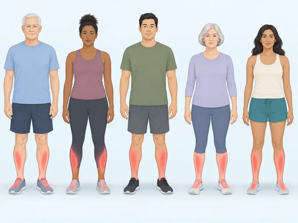 An educational illustration highlights the calf and foot areas commonly involved in night cramps.