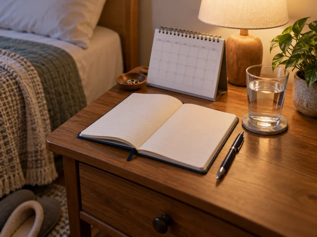 A bedside notebook and calendar suggest tracking night cramp patterns before seeking advice.
