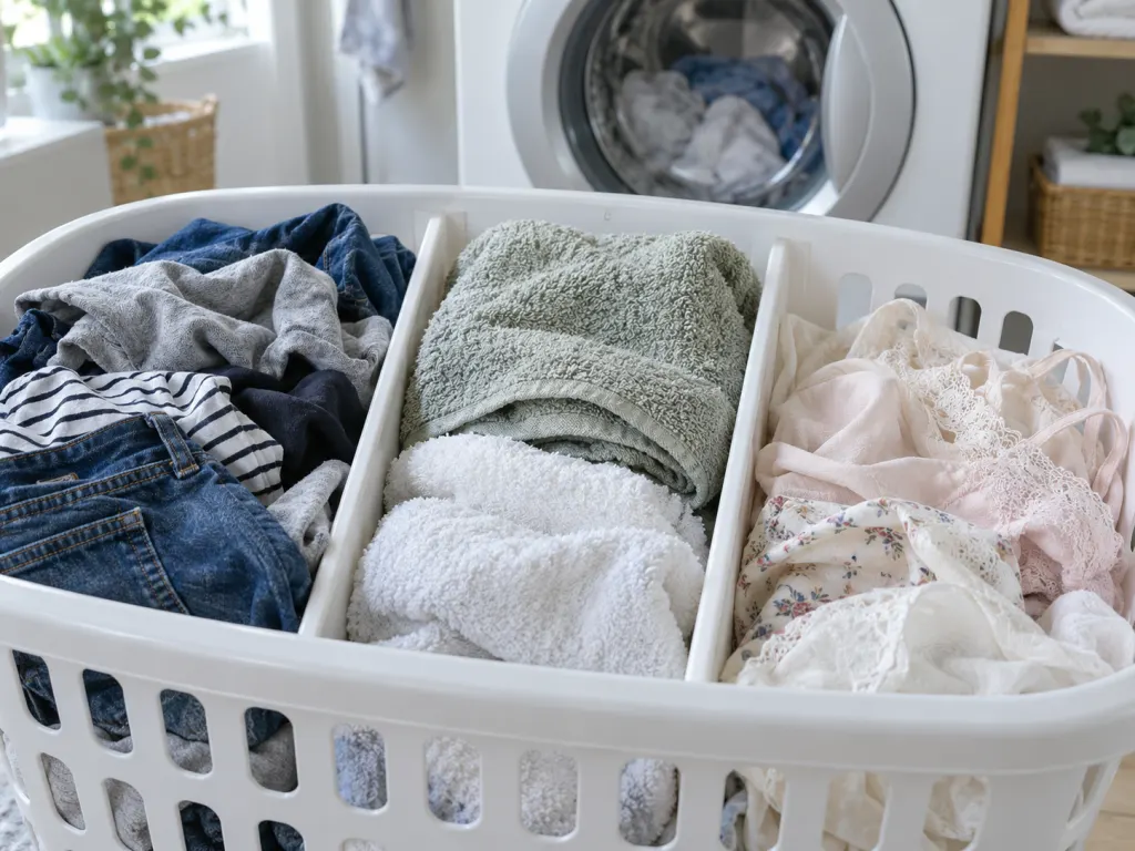 Sorted laundry piles separated by fabric type beside a washing machine.