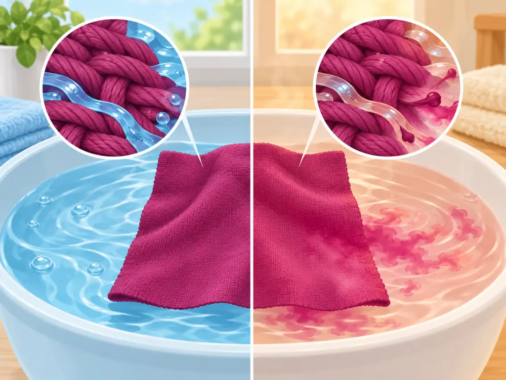 Illustration comparing cool and warm wash water moving through colored fabric fibers.