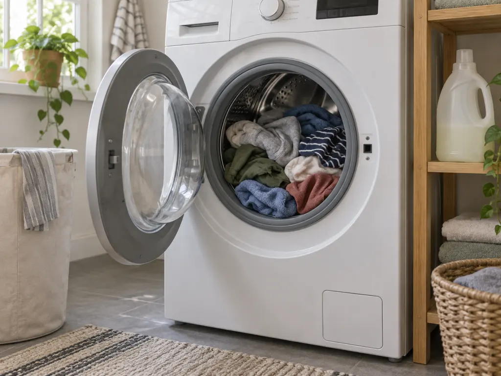 A properly filled washing machine drum with clothes able to tumble freely.